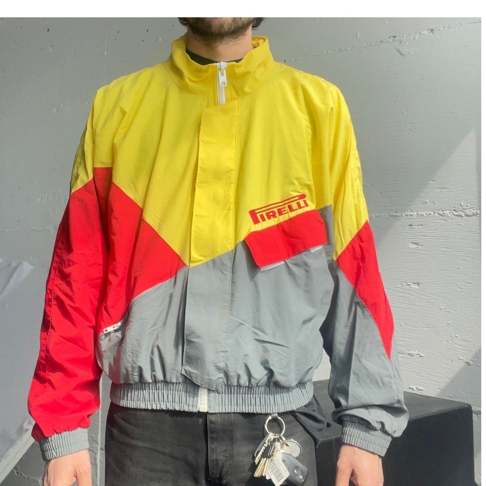Pirelli Windbreaker Jacket Mens XL Yellow Red Gray Vintage Made USA Colorblock